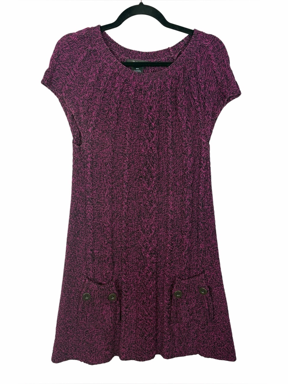 Style & Co Cable Knit Sweater Dress Medium Pink Black Short Sleeve Tunic